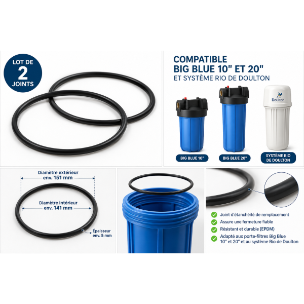 Lot de 2 Joints torique pour porte-filtre Big Blue 10" et 20" – Compatible système Rio Doulton